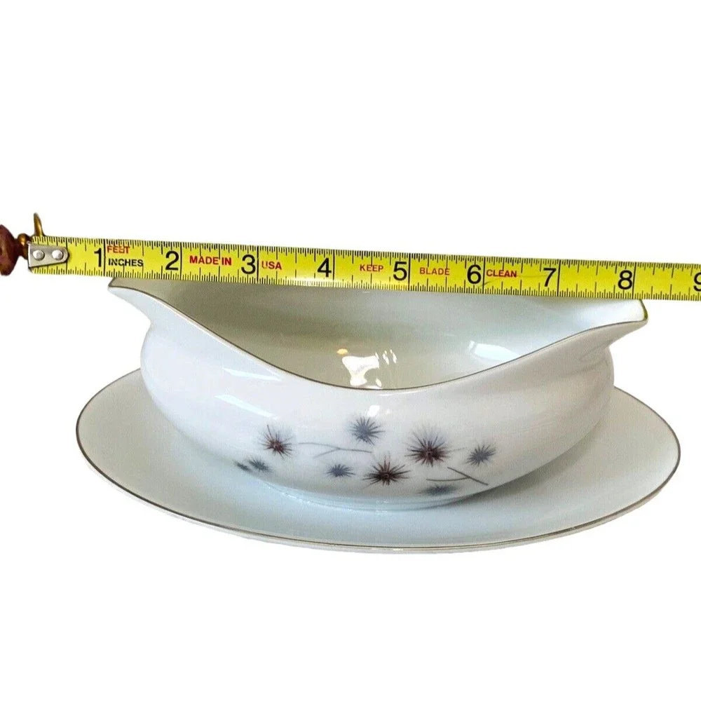 Fine China Creative Platinum Star Burst Gravy Boat w/ Attached Underplate Japan